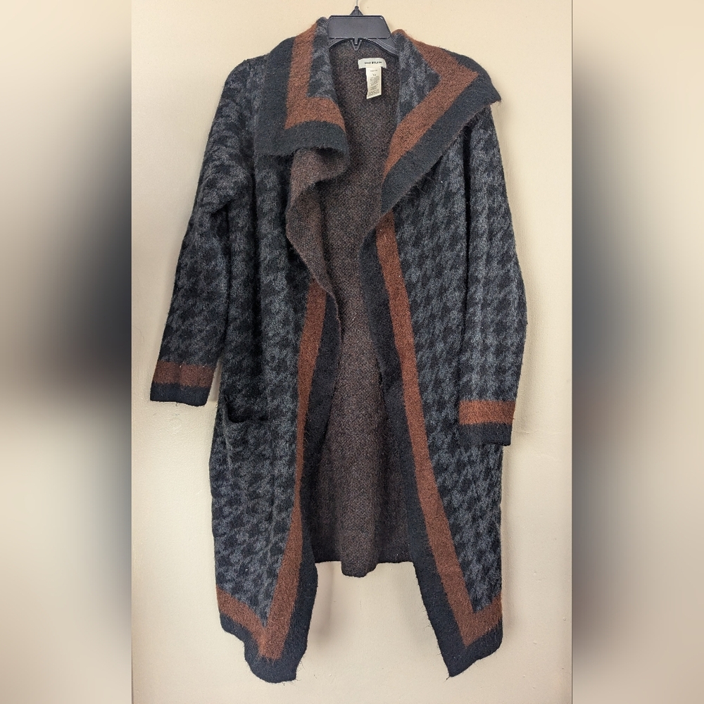 Max Studio Houndstooth Open Front Oversized Duster Cardigan, Brown & Black (XS)